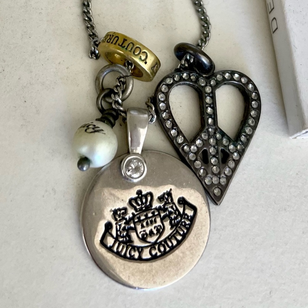Juicy Couture vintage gold peace heart, dog tag, bling, pearl charm necklace